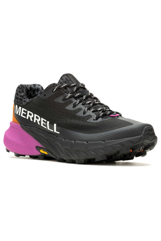 Merrell Agility Peak 5 Trainer. A pair of black/orange/pink trainers that are lightweight, with enhanced grip and traction.