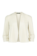 An image of the Betty Barclay Blazer in the colour sand, with 3/4 length sleeves, in a slightly cropped style.