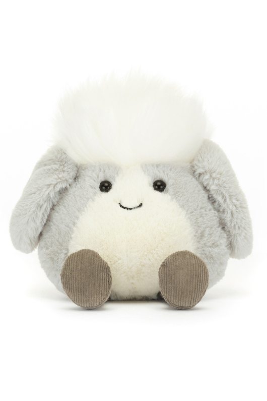 Jellycat Amuseabean Sheepdog. A sheepdog soft toy with tufty fur, floppy ears, waggy tail, and smiling face.