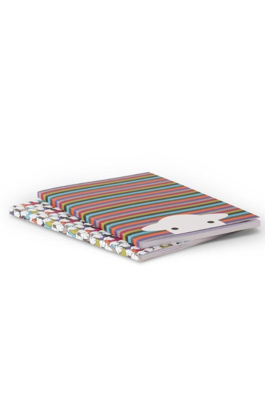 An image of The Herdy Company A5 Notebook- 2 Pack. One notebook has a multi-colour stripe cover with a sheep peering up from the bottom of the front cover. The other has a colourful design with multiple sheep.