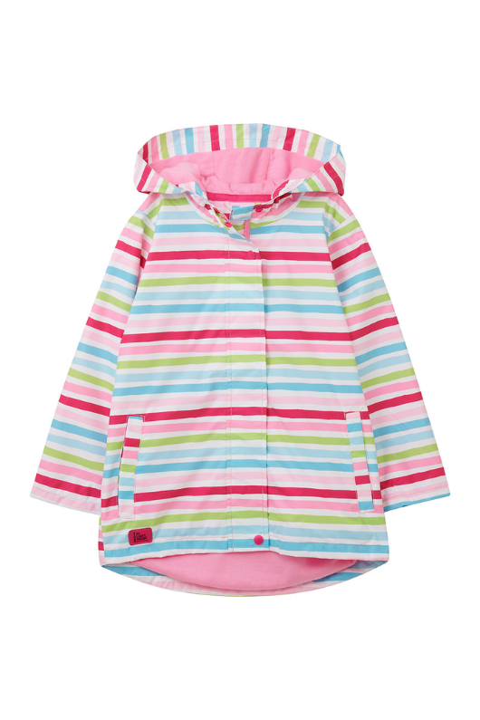 Lighthouse Olivia Jacket. A lightweight, waterproof kids coat with a soft jersey lining, two front pockets, a zip-up front, and a cute multi-colour stripe design.