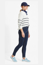 Schoffel Roseland Jumper. A super soft, relaxed fit jumper with an open-collared neck, and a thin navy stripe design