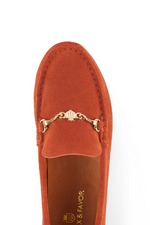 Fairfax & Favor Trinity Suede Loafer. A pair of suede loafers in the colour Sunset Orange, featuring gold hardware and black nubbed sole.