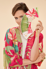 Powder Tropical Kimono Gown. A sophisticated, long-length gown with a red floral print