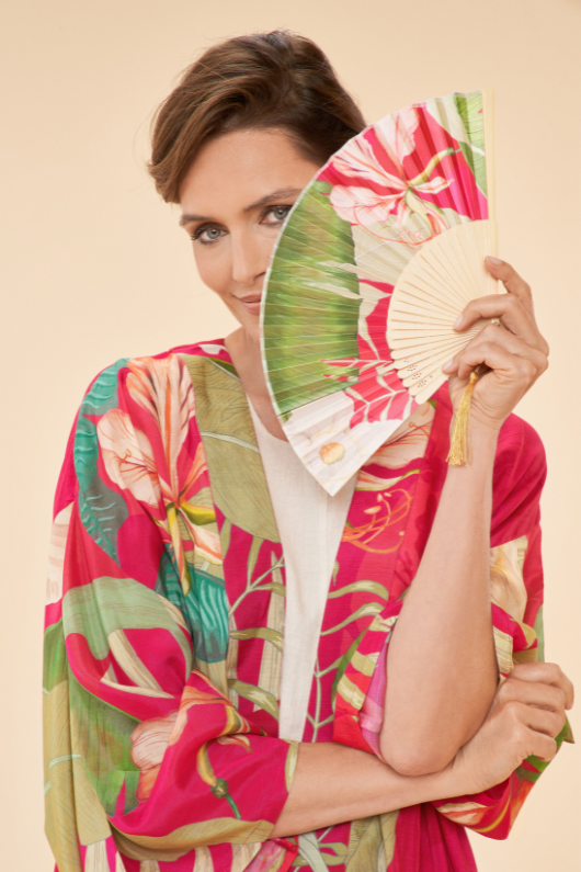 Powder Tropical Kimono Gown. A sophisticated, long-length gown with a red floral print
