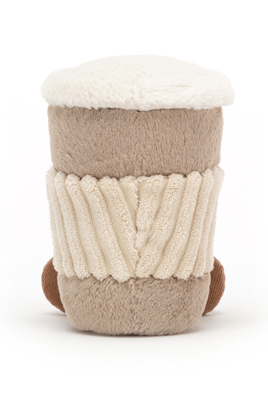 Jellycat Amuseable Coffee-To-Go. A soft toy coffee cup with brown fur, legs, and smiling face.