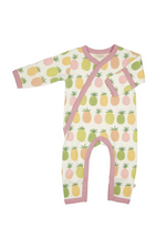 Pigeon Organics Kimono Romper. A kimono-style romper with diagonal opening, poppers, cuffs at feet and built-in scratch mitts, in a pink multicoloured pineapple print.