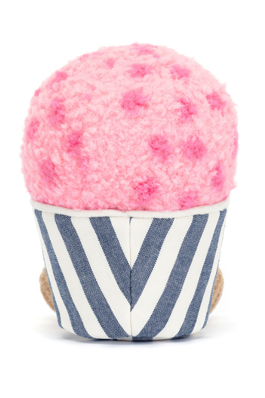 Jellycat Amuseable Gelato. A soft toy with pink gelato scoop, waffle feet and striped blue and cream tub.