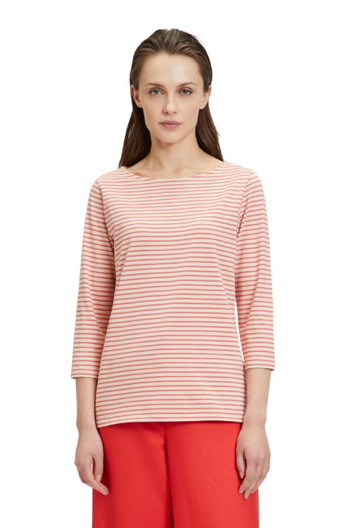 An image of a model wearing the Betty Barclay 3/4 Sleeve Striped Top in the colour Beige/Red.