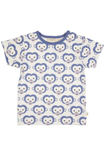 Pigeon Organics Short Sleeve T-Shirt. A short sleeve T-shirt with round neckline, shoulder poppers (up to 3-4y), and white and purple monkey print.
