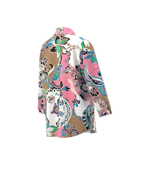 Emme Attica Shirt. A straight fit shirt with 3/4 length sleeves, button fastening, and breast pocket. This shirt features an eye-catching pink and multicoloured print.