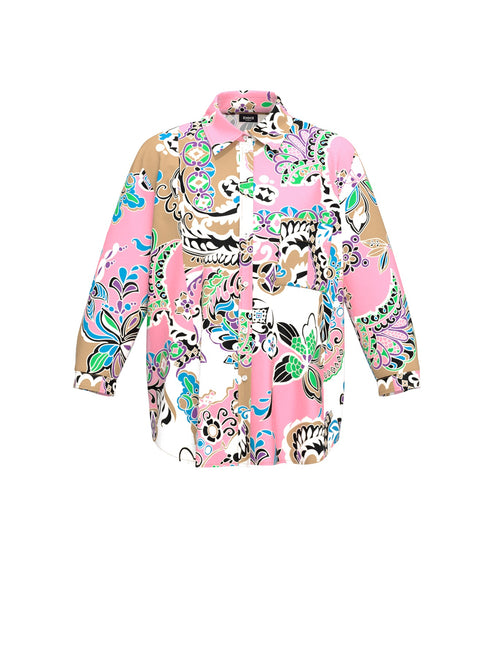 Emme Attica Shirt. A straight fit shirt with 3/4 length sleeves, button fastening, and breast pocket. This shirt features an eye-catching pink and multicoloured print.