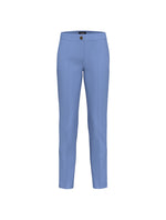 Emme Edile Trouser. A slim fit trouser with regular waist, belt loops and zip/button closure, in the colour light blue.