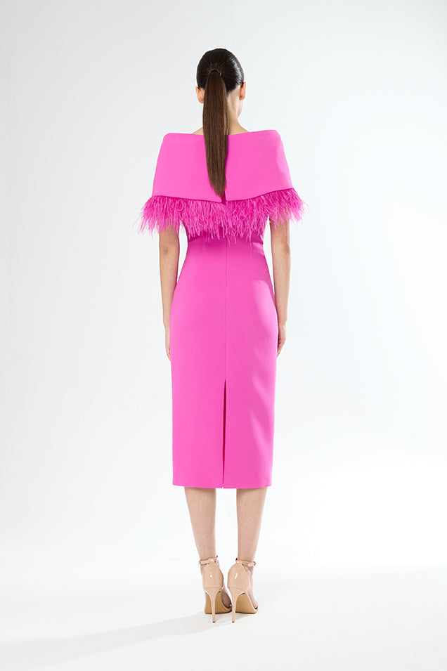 An image of the Carla Ruiz Feather Cape Dress
