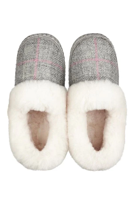 An image of the Bedroom Athletics Diana Harris Tweed Slippers in the colour grey/pink check.