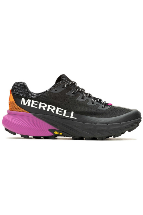 Merrell Agility Peak 5 Trainer. A pair of black/orange/pink trainers that are lightweight, with enhanced grip and traction.