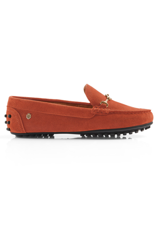 Fairfax & Favor Trinity Suede Loafer. A pair of suede loafers in the colour Sunset Orange, featuring gold hardware and black nubbed sole.