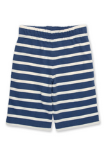 Kite Corfe Shorts. A pair of navy and white striped shorts with contrasting yellow pockets, elasticated waistband, and adjustable tie.