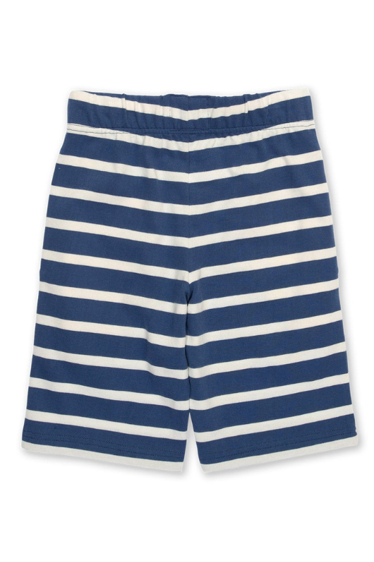 Kite Corfe Shorts. A pair of navy and white striped shorts with contrasting yellow pockets, elasticated waistband, and adjustable tie.