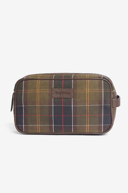 An image of the Barbour Tartan Leather Washbag