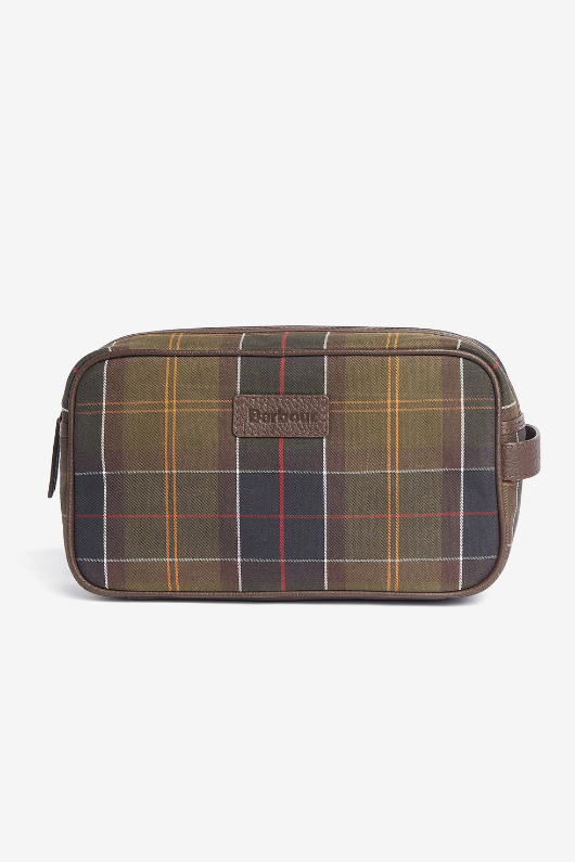 An image of the Barbour Tartan Leather Washbag