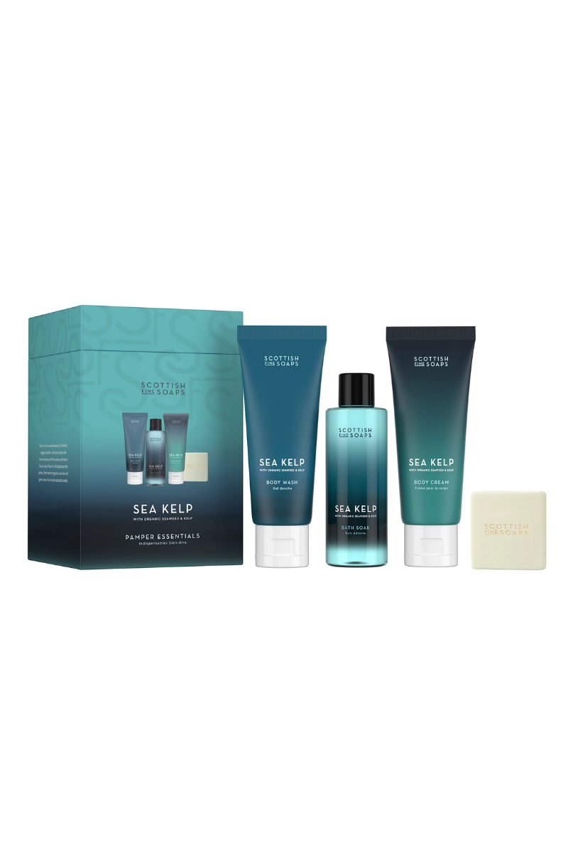 An image of the Scottish Fine Soaps Pamper Essentials (2x75ml Tubes, 1x100ml Bottle,1x40g Soap, Drum)