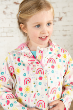 Lighthouse Heidi Jacket. A kids, waterproof coat with a soft jersey lining, and a sweet rainbows & sunshine design on a white background.