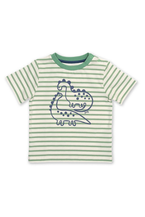Kite T-Shirt. A kids T-shirt made from organic cotton. This tee features a cute stripy dinosaur print and has short sleeves and a round neck.