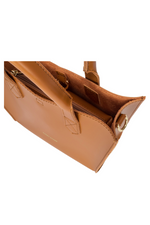 Every Other Twin Strap Grab Bag. A tan faux leather bag with top handles, crossbody strap and removable pouch.