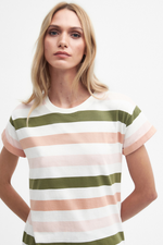 An image of a female model wearing the Barbour Lyndale T-Shirt in the colour Soft Apricot Stripe.