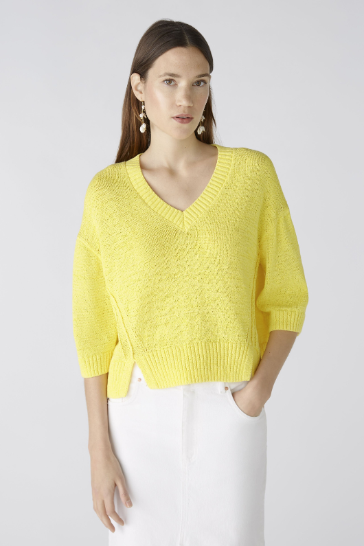 Oui 3/4 Sleeve Jumper. A yellow boxy fit jumper with 3/4 length sleeves, V-neckline, and split hem.