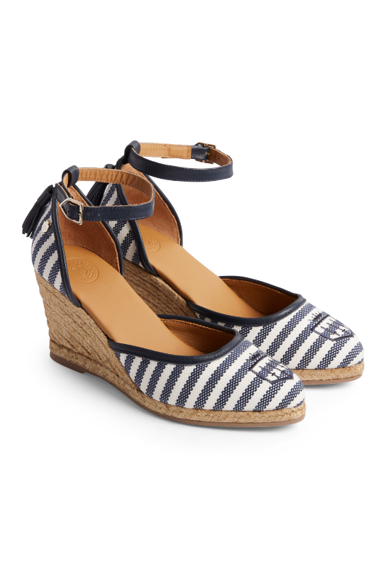 Fairfax & Favor Monaco Wedge Sandal. A pair of Navy striped sandals with tonal embroidered toe, tassel detail, wedge heel, and espadrille style sole.