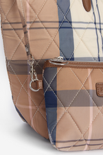An image of the Barbour Wetherham Quilted Tartan Tote Bag in the colour Primrose Hessian.