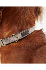 An image of a dog wearing the Barbour Reflective Tartan Dog Collar in the colour Taupe/Pink Tartan.