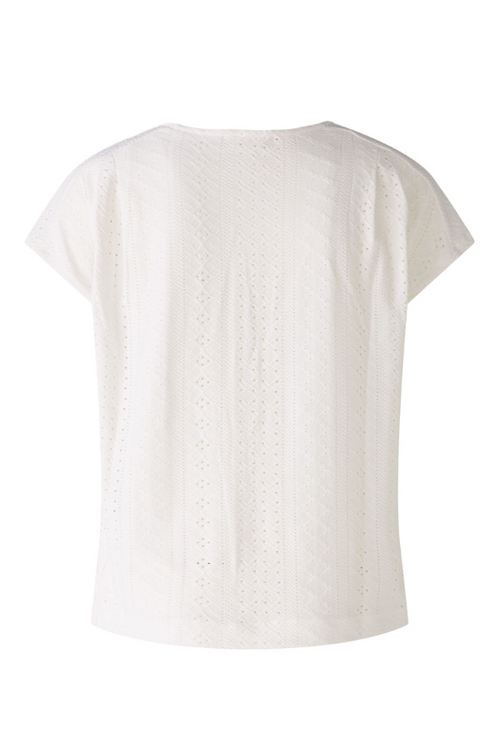 Oui Textured Top. A broderie anglaise fabric top with short sleeves and round neckline, in white.