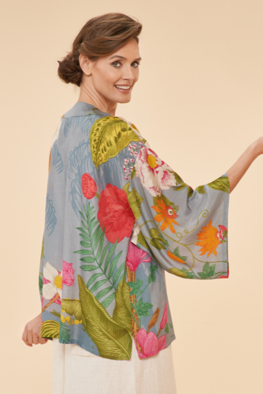 Powder Kimono Jacket. A hip-length, open style jacket with a blue floral print