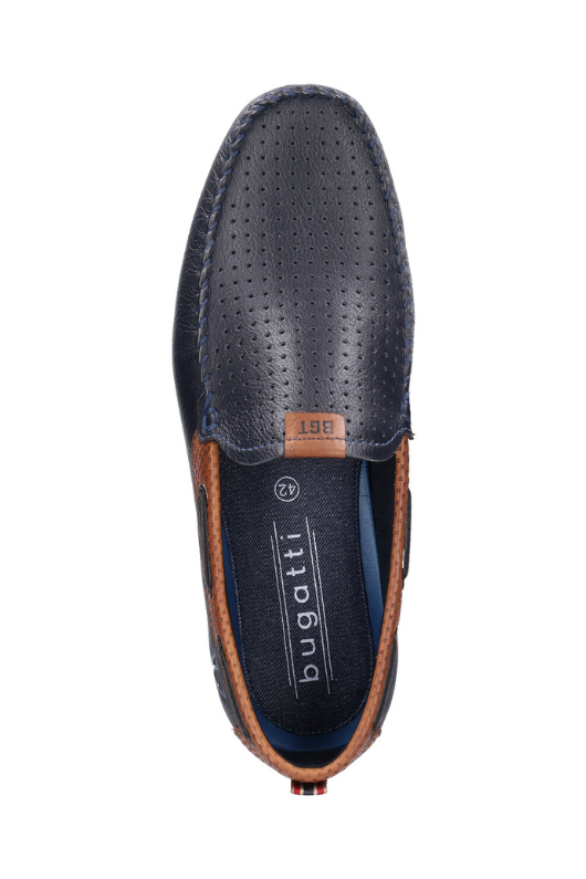 Bugatti Chesley Moccasin. Men's leather loafers with flexible soles, tan accents and a chic navy design.