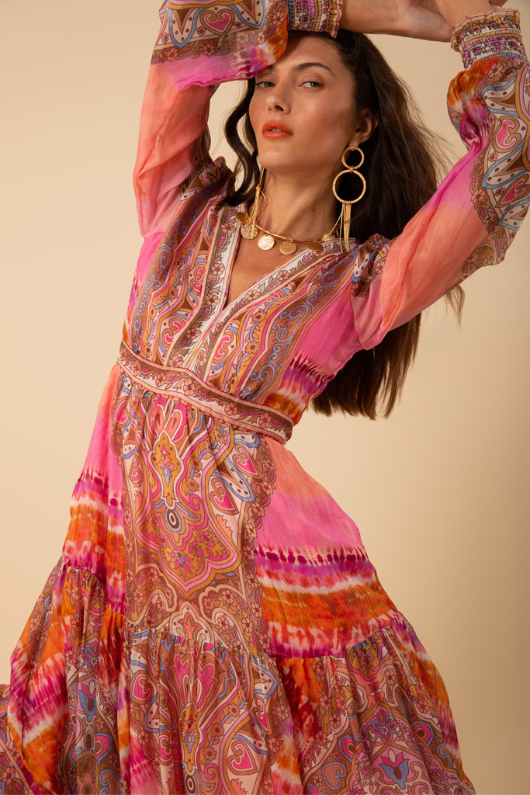 An image of a model wearing the Hale Bob Allison Chiffon Maxi Dress in Pink.