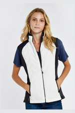 Dubarry Redbarn Gilet in White with Navy detail on the sides. A zip-up gilet with a dipped back hem and rib knit cuff detail