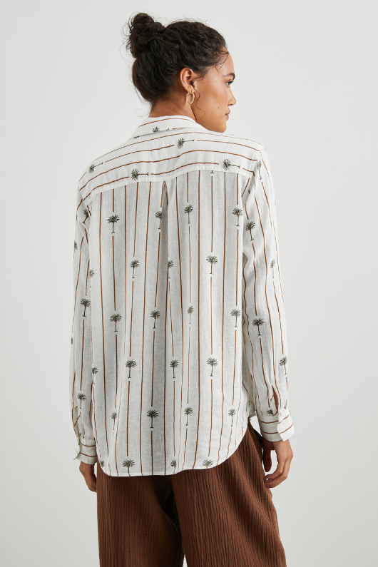 Rails Charli Shirt. A lightweight, linen women's shirt with a button down design, and a cool palm tree & stripe pattern on a white background.