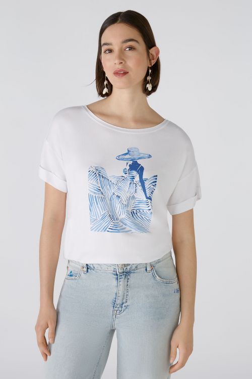 Oui Lady Print T-Shirt. A classic fit white T-shirt with short sleeves and round neckline, featuring a blue motif print of a lady.