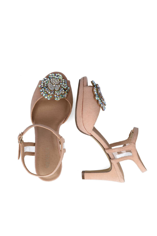 Menbur Slingback Sandal with an open toe, buckle fastening at the ankle, and a sparkly embellished flower detail on the toe