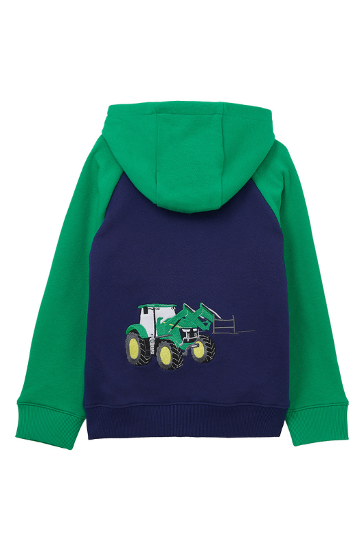 Lighthouse Jackson Full Zip Hoodie. A boys zip-up hoodie with waist pockets, a soft jersey lined hood, and a a navy torso with a tractor piqué on the chest and green sleeves.