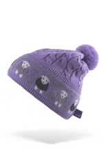 An image of the Herdy Company Cable Knit Bobble Hat in Purple with a pom-pom and sheep design.