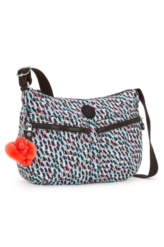 Kipling Izellah Medium Across Body Shoulder Bag. A crossbody bag with adjustable strap, zipped main compartment, multiple pockets, Kipling monkey charm, and all over abstract print.