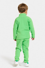Didriksons Monte Jacket. A boys mid-layer jacket in green with zip fastening, chin guard, and a thermal fleece finish