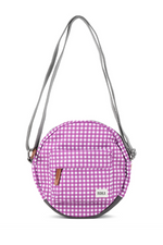 An image of the Roka London Paddington B Purple Gingham Recycled Canvas Crossbody Shoulder Bag.