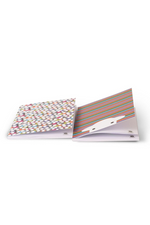 An image of The Herdy Company A5 Notebook- 2 Pack. One notebook has a multi-colour stripe cover with a sheep peering up from the bottom of the front cover. The other has a colourful design with multiple sheep.