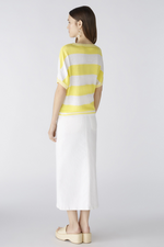 Oui Block Stripe Jumper. A knit jumper with yellow and white block stripes, round neckline, batwing sleeves, and drawstring cord at the hemline.