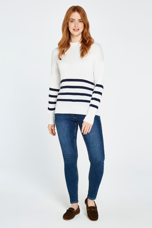 Dubarry Peterswell Jumper. A super soft jumper with a gently shaped silhouette, a round neck, and a casual navy stripe design 